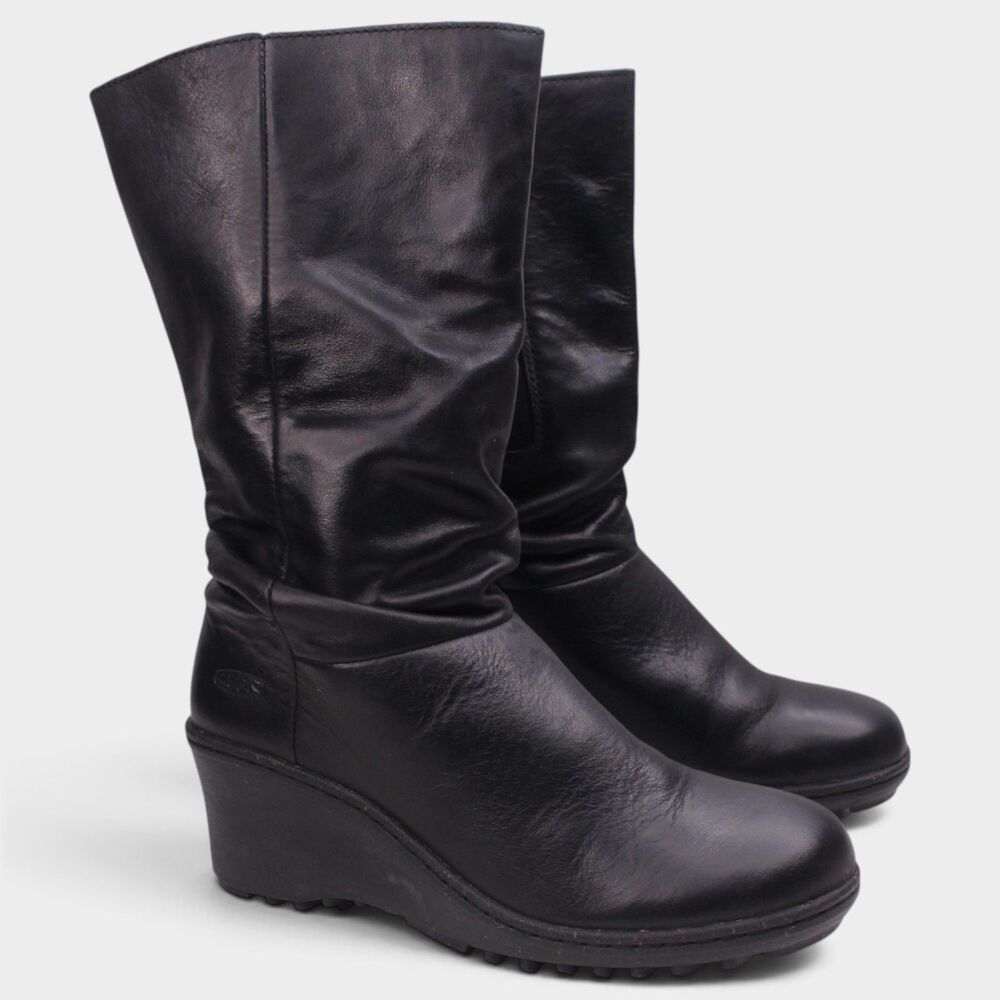 KEEN Akita Mid Black Leather Wedge Boots 7